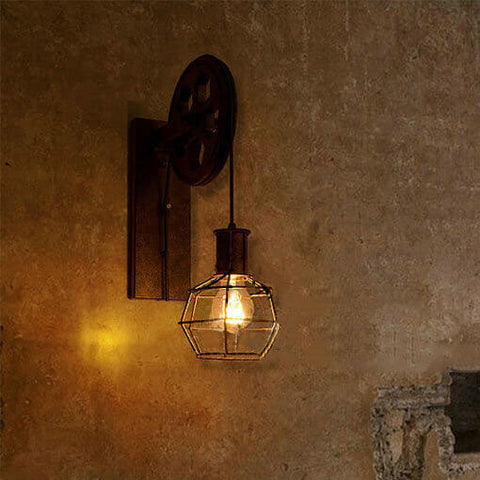 Industrial Pulley Wall Sconce with Wood and Iron Details