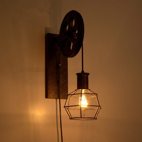 Industrial Pulley Wall Sconce with Wood and Iron Details