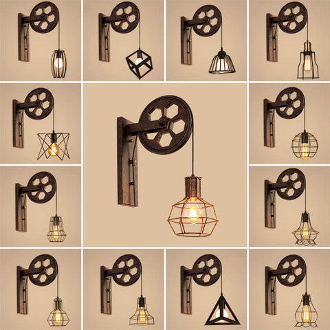 Industrial Pulley Wall Sconce with Wood and Iron Details