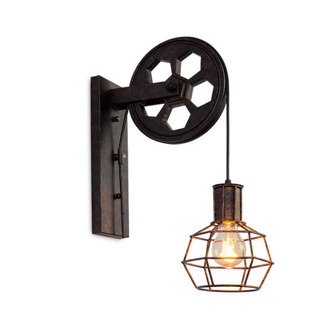Industrial Pulley Wall Sconce with Wood and Iron Details
