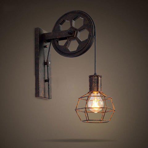 Industrial Pulley Wall Sconce with Wood and Iron Details