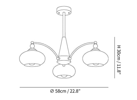 Chandelier with Three Rounded Glass Shades and Retro Style