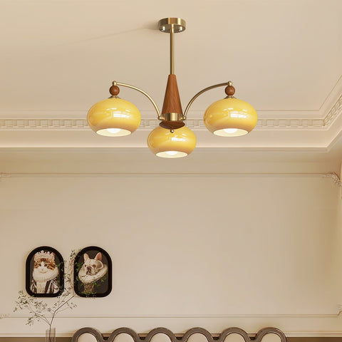 Chandelier with Three Rounded Glass Shades and Retro Style
