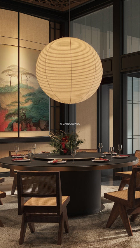 Pendant Light with Round Paper Lantern Shade and Bamboo Frame