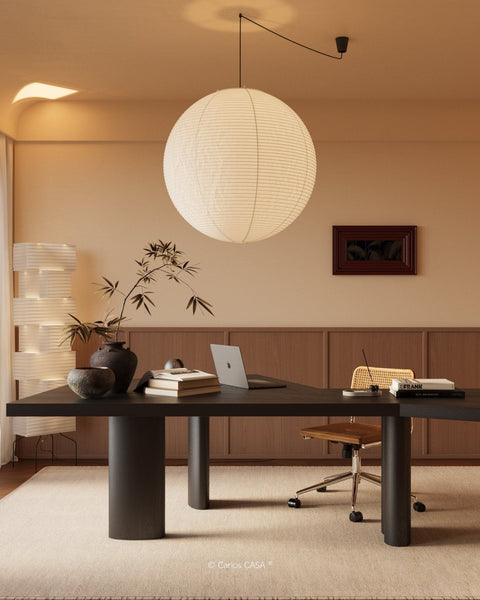 Pendant Light with Round Paper Lantern Shade and Bamboo Frame