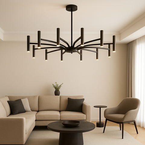 Twelve-Light Iron Chandelier with Modern Radial Design