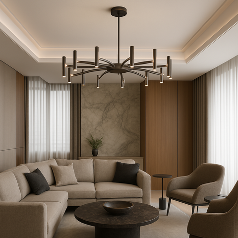 Twelve-Light Iron Chandelier with Modern Radial Design