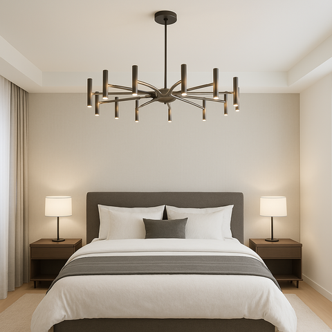 Twelve-Light Iron Chandelier with Modern Radial Design