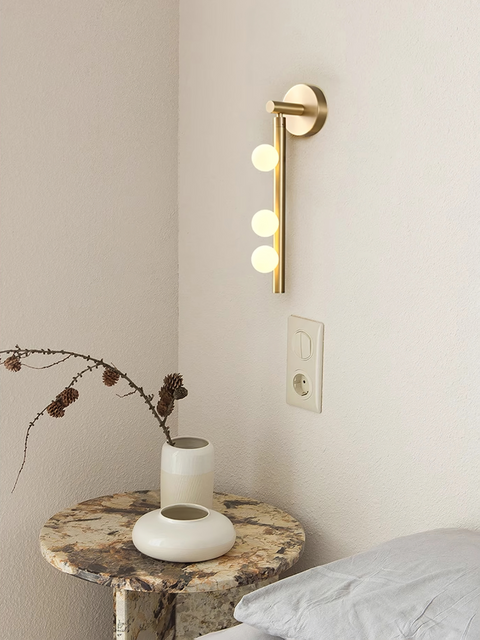 Wall Sconce with Glass Globes and Vertical Brass Tube Frame