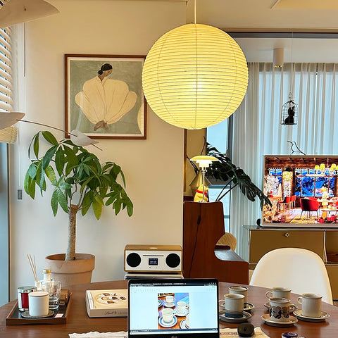 Pendant Light with Round Paper Lantern Shade and Bamboo Frame