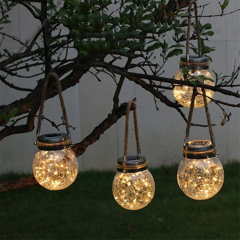 Solar Mason Jar Lights with Crackle Glass and Rope Handle