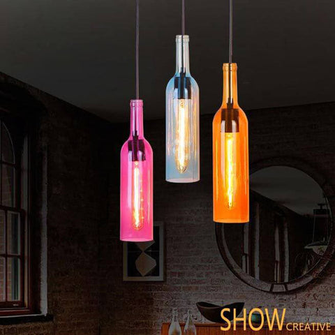 Glass Wine Bottle Pendant Light with Industrial Styling