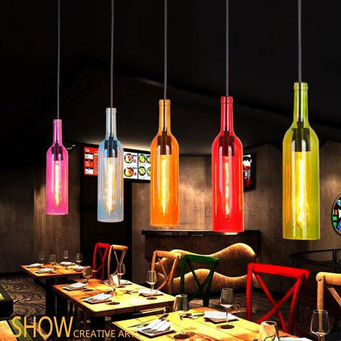 Glass Wine Bottle Pendant Light with Industrial Styling