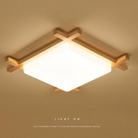 Square Wood LED Ceiling Light with Japanese Tatami Design