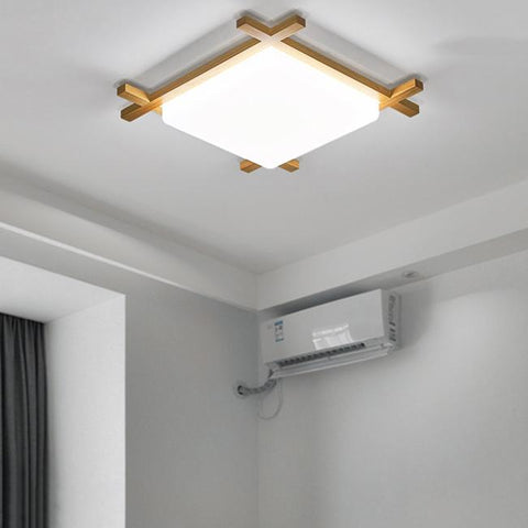 Square Wood LED Ceiling Light with Japanese Tatami Design