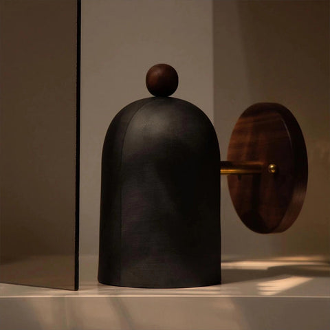 Wall Light with Dome Shade, Wood Backplate, and Brass Accent