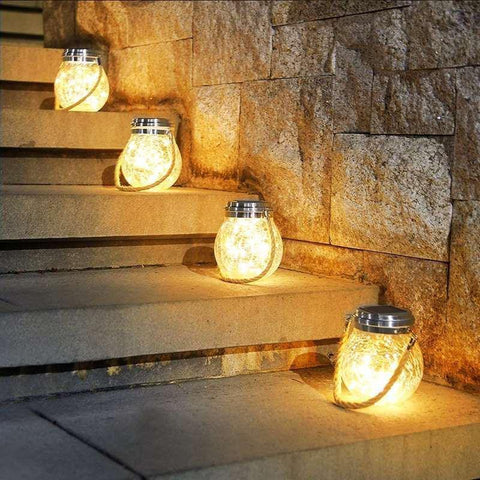 Solar Mason Jar Lights with Crackle Glass and Rope Handle