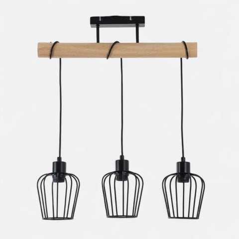 Black Vintage Wooden Chandelier – Industrial 3-Light Adjustable Ceiling Lamp