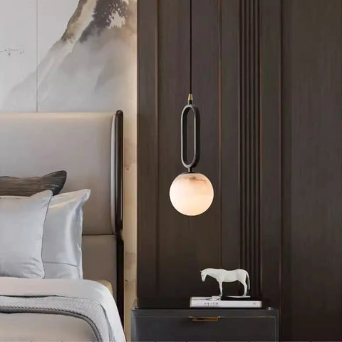 Alabaster Globe Pendant Light with Matte Black Frame
