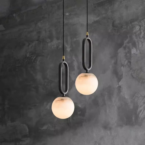 Alabaster Globe Pendant Light with Matte Black Frame