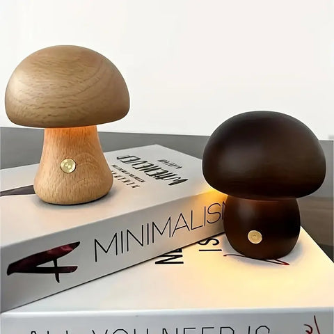 Mushroom-Shaped Wooden Table Lamp with Adjustable Brightness and USB Power