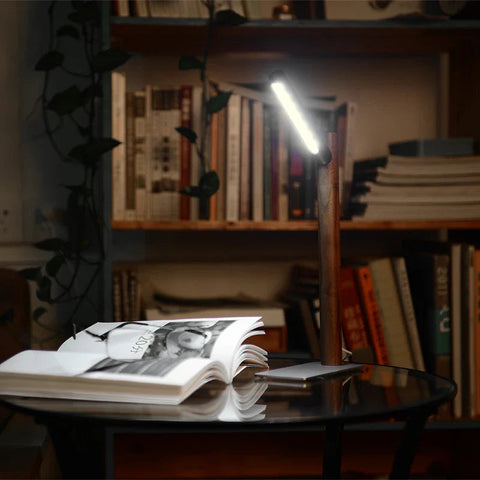 Adjustable LED Desk Lamp with Wood Stem and Focused Light