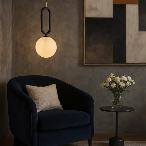 Alabaster Globe Pendant Light with Matte Black Frame