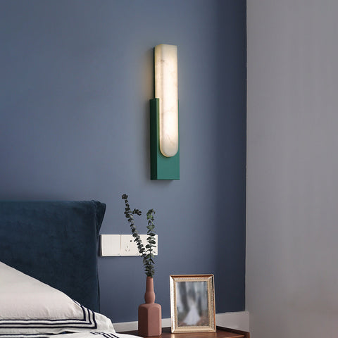 Modern Alabaster LED Wall Lamp with Gold Metal Frame, Minimalist Hardwired Sconce for Bedroom and Hallway
