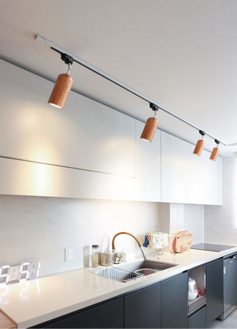 Track Light with Adjustable Wooden Spotlights and Steel Rail