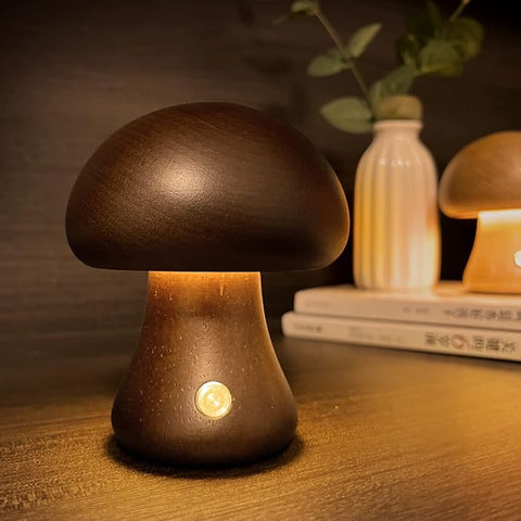 Mushroom-Shaped Wooden Table Lamp with Adjustable Brightness and USB Power