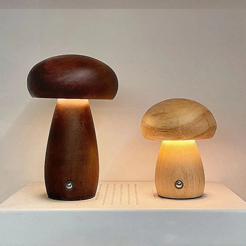 Mushroom-Shaped Wooden Table Lamp with Adjustable Brightness and USB Power