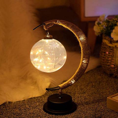 Crescent Rope-Wrapped Table Lamp with Clear Globe Shade and Battery-Powered LED Lighting