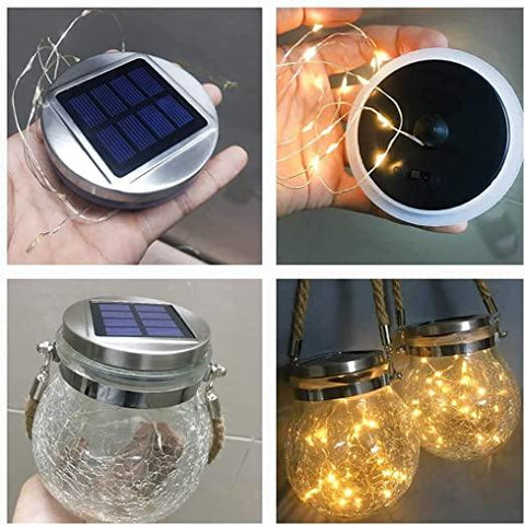 Solar Mason Jar Lights with Crackle Glass and Rope Handle