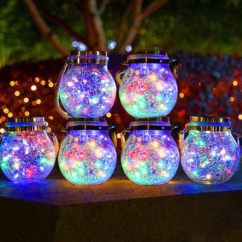 Solar Mason Jar Lights with Crackle Glass and Rope Handle