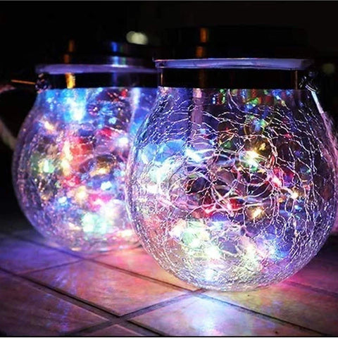 Solar Mason Jar Lights with Crackle Glass and Rope Handle