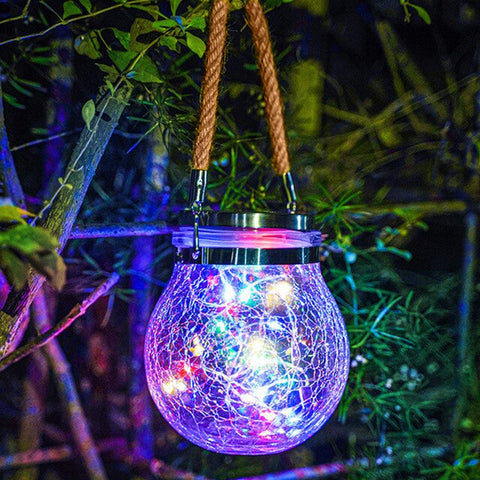 Solar Mason Jar Lights with Crackle Glass and Rope Handle