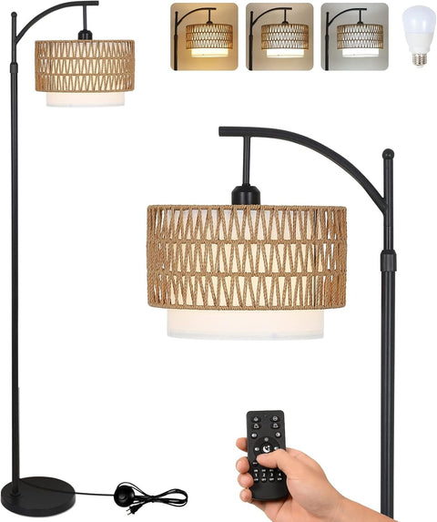 Adjustable Arc Floor Lamp with Interchangeable Rattan and Linen Shades