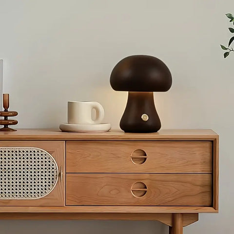 Mushroom-Shaped Wooden Table Lamp with Adjustable Brightness and USB Power