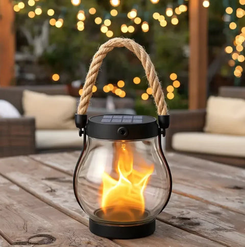 Solar Flame Lantern with Rope Handle and Dusk Sensor