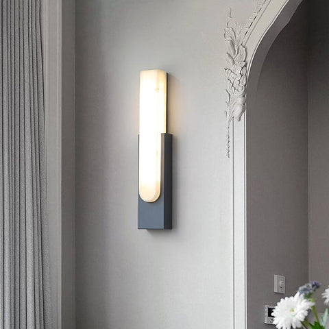Modern Alabaster LED Wall Lamp with Gold Metal Frame, Minimalist Hardwired Sconce for Bedroom and Hallway