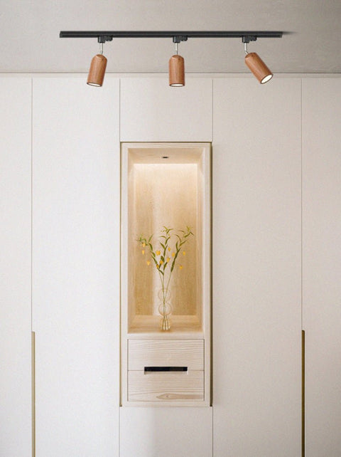 Track Light with Adjustable Wooden Spotlights and Steel Rail