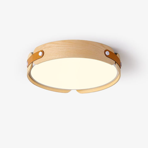 Ceiling Light with Wooden Rim and Leather Details for Warm LED Glow