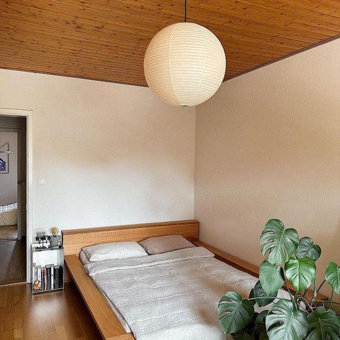 Pendant Light with Round Paper Lantern Shade and Bamboo Frame