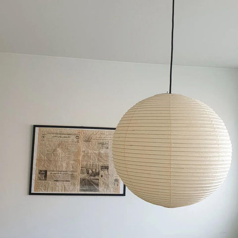 Pendant Light with Round Paper Lantern Shade and Bamboo Frame