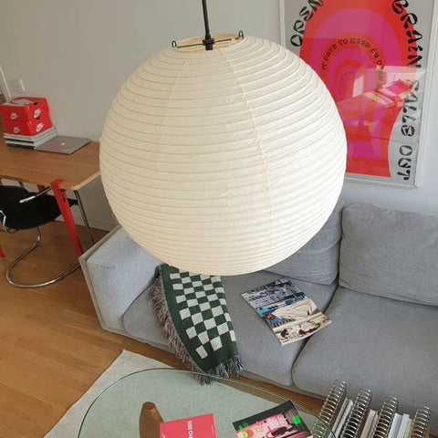 Pendant Light with Round Paper Lantern Shade and Bamboo Frame