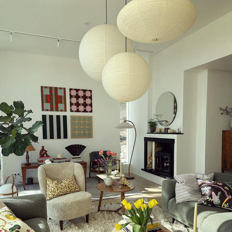 Pendant Light with Round Paper Lantern Shade and Bamboo Frame