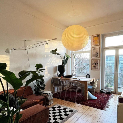 Pendant Light with Round Paper Lantern Shade and Bamboo Frame