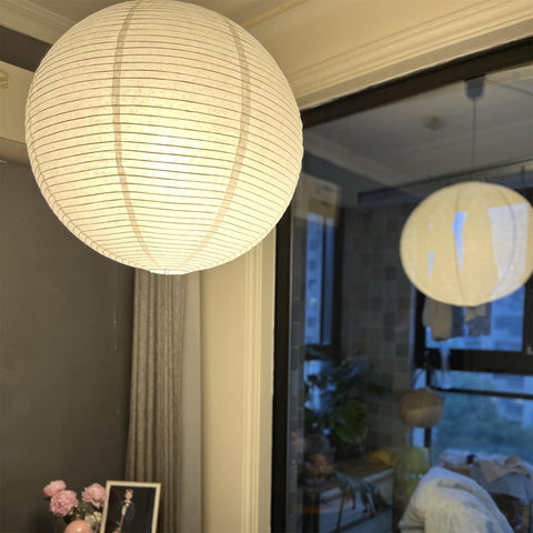Pendant Light with Round Paper Lantern Shade and Bamboo Frame