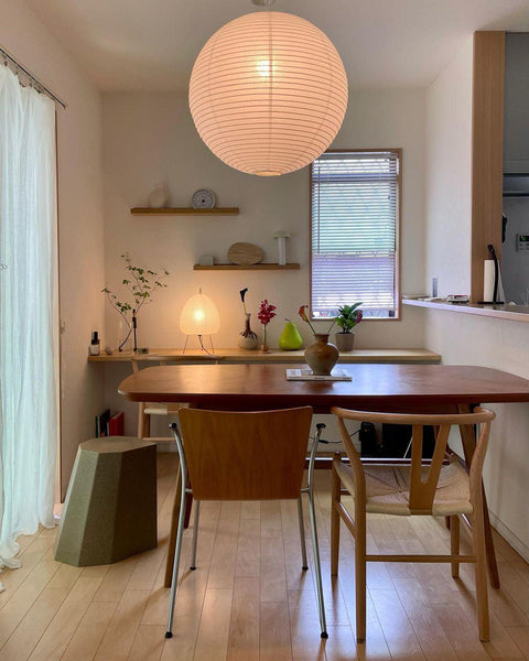 Pendant Light with Round Paper Lantern Shade and Bamboo Frame