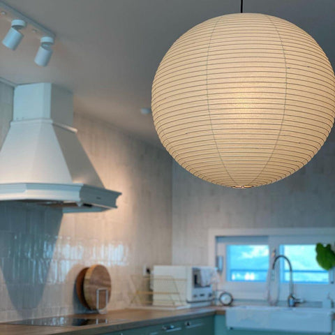 Pendant Light with Round Paper Lantern Shade and Bamboo Frame
